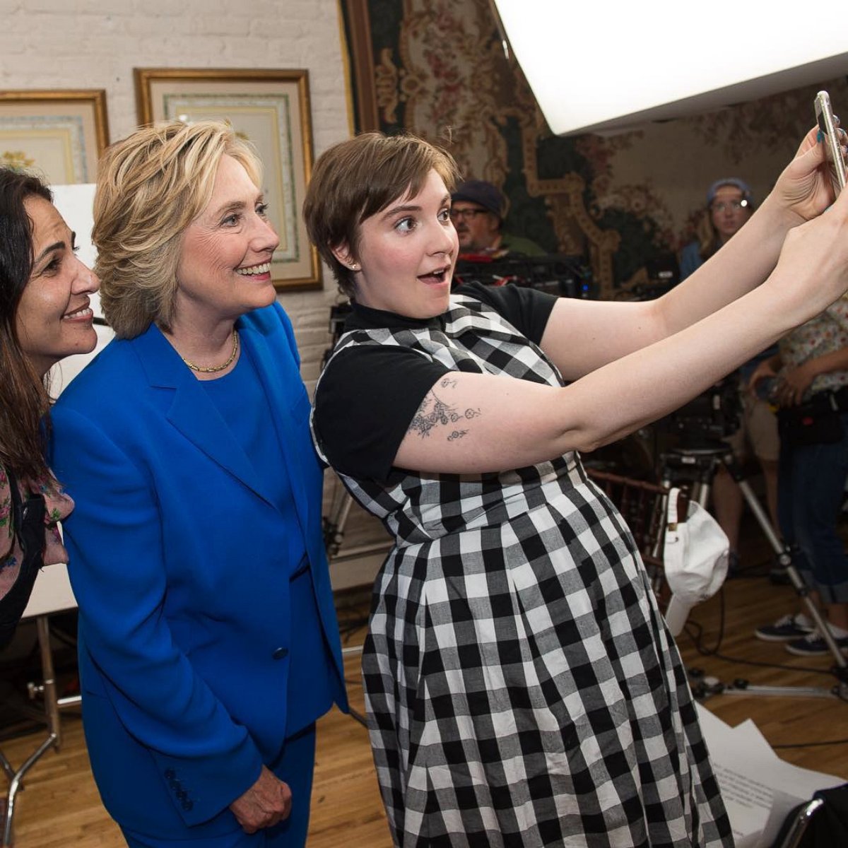 PHOTO: Lena Dunham posted this photo to Instagram with the caption,"Saturday Selfie Lesson from @lennyletter: always act surprised and pleased, like the camera is a grade school buddy you ran into in Walgreen's. Right @hillaryclinton?"
