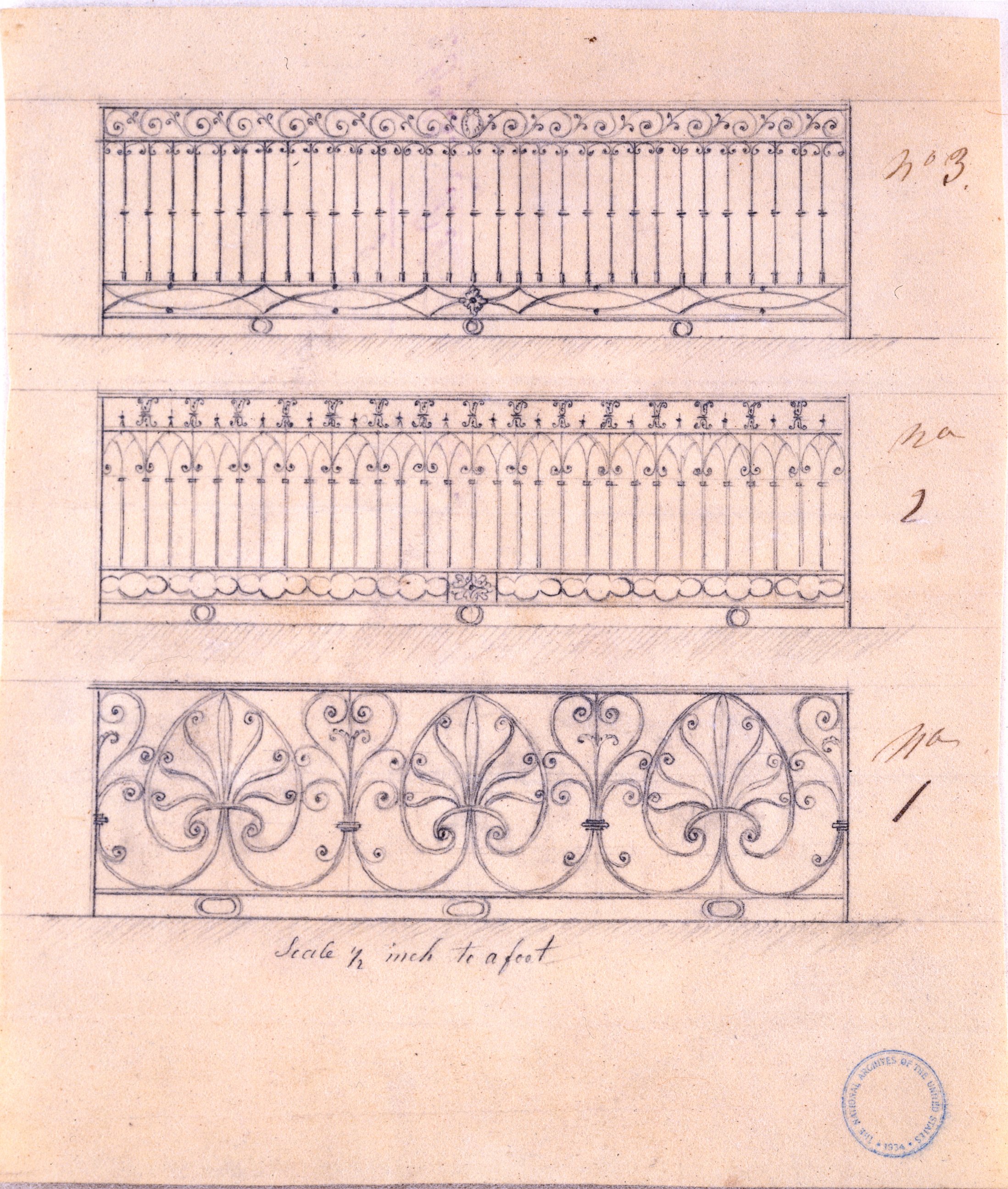 PHOTO: This pen and ink drawing shows options for this wrought-iron railing for the north side of the White House. The bottom option was built in 1902. 