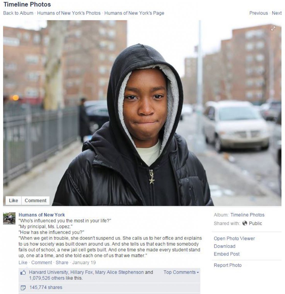 PHOTO: The post, featuring 13-year-old middle school student Vidal Chastanet from Brownsville, Brooklyn, has received over 1 million likes on Facebook and over 145,000 shares.