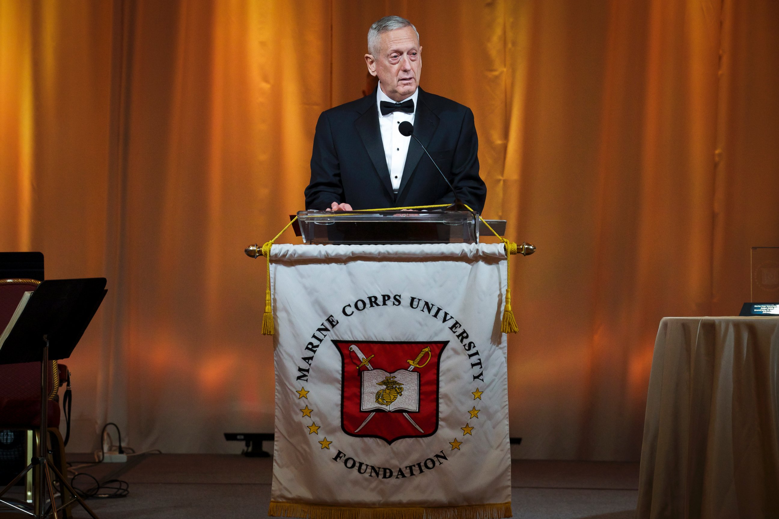 PHOTO: Retired U.S. Marine Gen. James N. Mattis delivers his remarks during the Semper Fidelis Award Ceremony and Dinner sponsored by the Marine Corps University Foundation in Arlington, Virginia, Feb. 22, 2014.