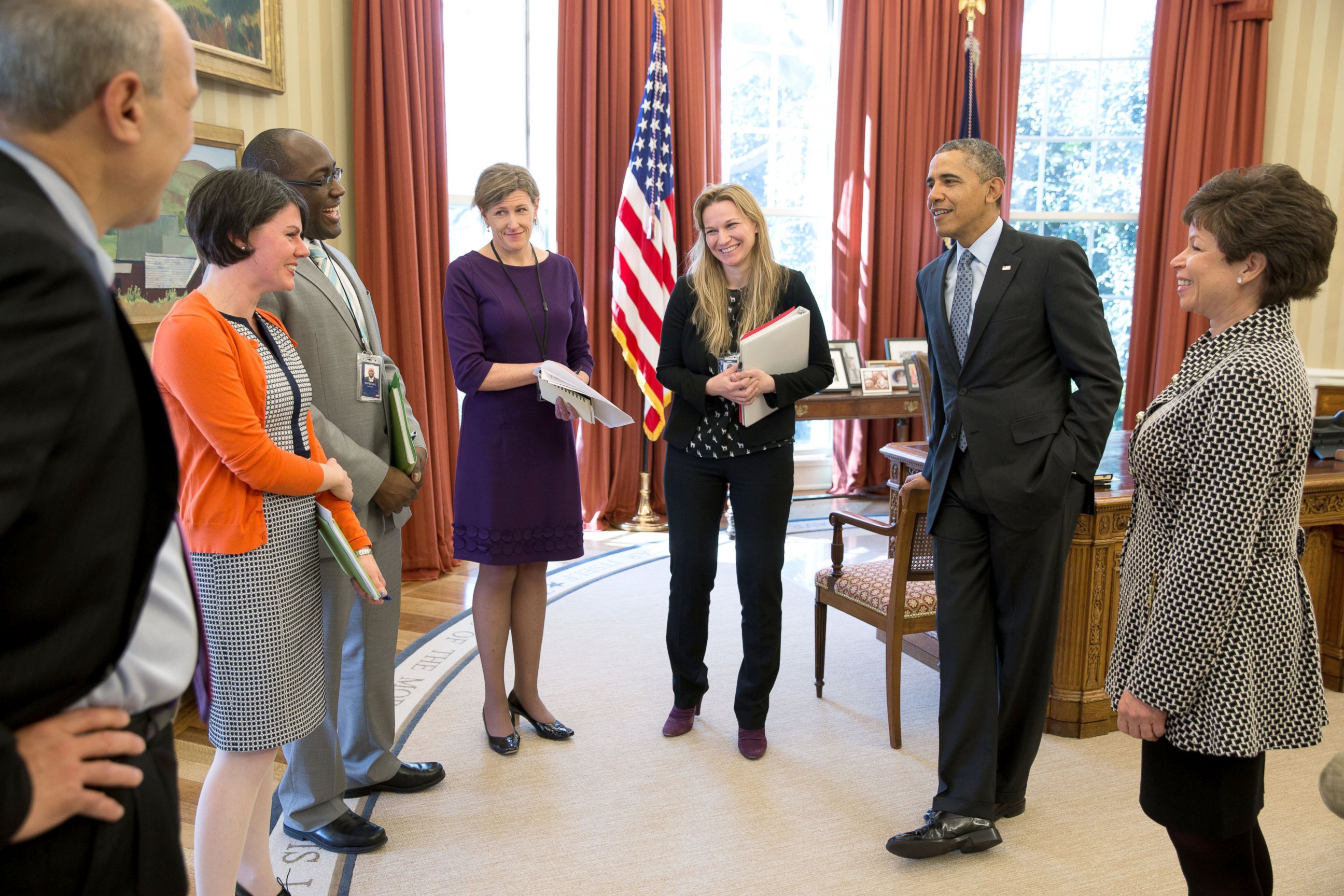 President Obama receives an update on the Affordable Care Act in the Oval Office, April 1, 2014. With the President, from left, are: Phil Schiliro, Tara McGuinness, Marlon Marshall, Jeanne Lambrew, DKristie Canegallo and Senior Advisor Valerie Jarrett.