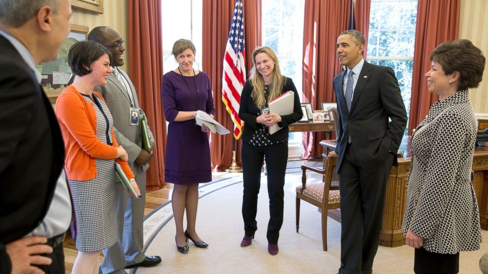 President Obama receives an update on the Affordable Care Act in the Oval Office, April 1, 2014. With the President, from left, are: Phil Schiliro, Tara McGuinness, Marlon Marshall, Jeanne Lambrew, DKristie Canegallo and Senior Advisor Valerie Jarrett.