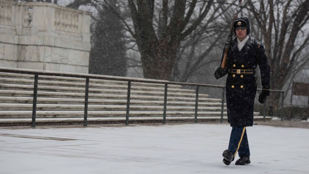 Sentinels from the 3d U.S. Infantry Regiment (The Old Guard) continue to stand guard at the Tomb of the Unknown Soldier at Arlington National Cemetery, Va., Jan. 22, 2016.