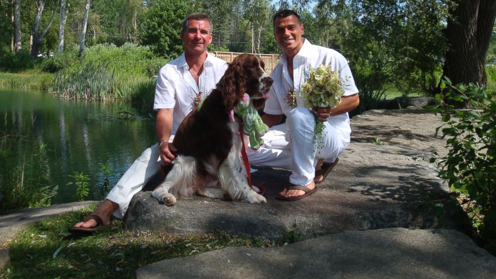 L Havard Scott, III and Sergio March Prieto with Happy the Springer Spaniel at their wedding in 2010. 