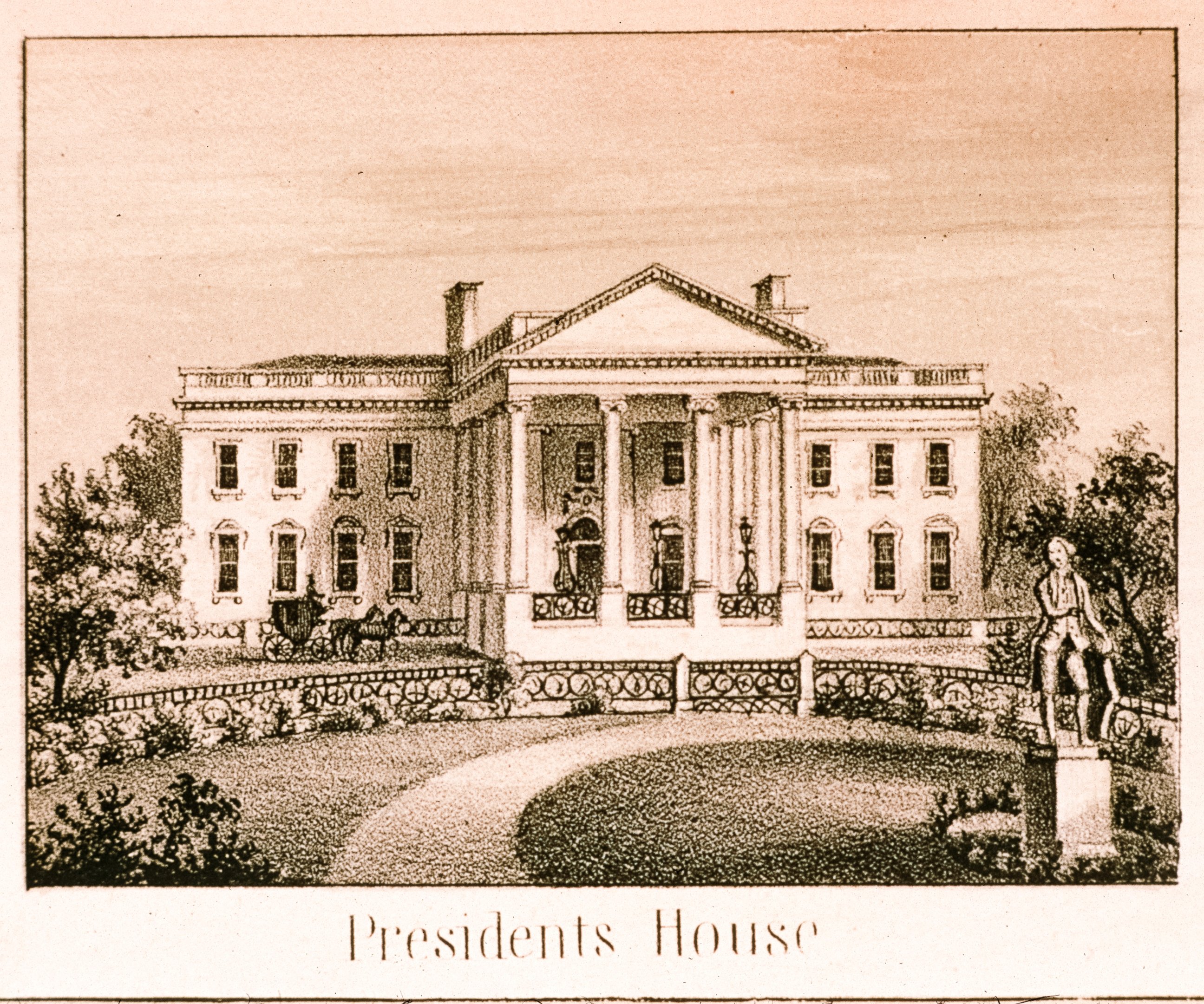 PHOTO: A portico with iconic columns graced the north facade after 1829. The ornamental iron fences were installed in 1833.