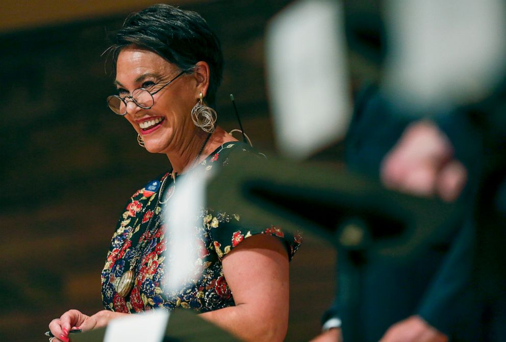 PHOTO: Harriet Hageman smiles during gubernatorial debate in Casper, Wyo., Aug. 1, 2018.