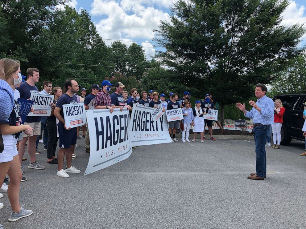 PHOTO: Republican Senate candidate Bill Hagerty speaks to supporters, July 17, 2020, after casting an early voting ballot at the Nashville Public Library Bellevue Branch in Nashville, Tenn. 