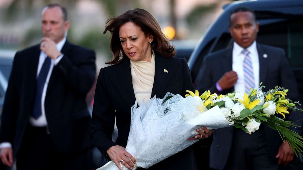 PHOTO: U.S. Vice President Kamala Harris walks to lay flowers at the memorial outside the Star Ballroom Dance Studio where a deadly mass shooting took place on January 25, 2023 in Monterey Park, California.