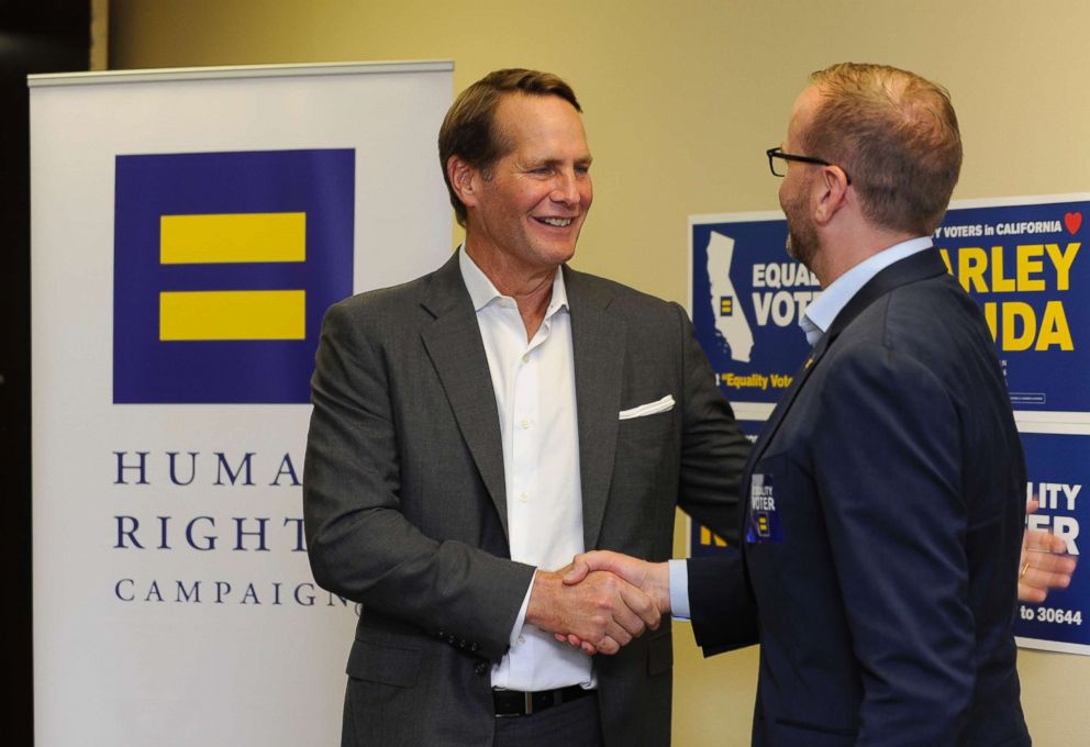 PHOTO: Harley Rouda, left, accepts endorsement from Human Rights Campaign President Chad Griffin at an HRC endorsement and phone bank for candidate for Congress (CA-48) Harley Rouda, Aug. 3, 2018, in Huntington Beach, Calif. 