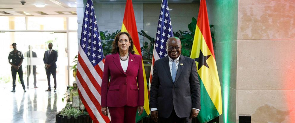 PHOTO: Vice President Kamala Harris is welcomed by Ghana President Nana Akufo-Addo in Accra, Ghana, March 27, 2023.