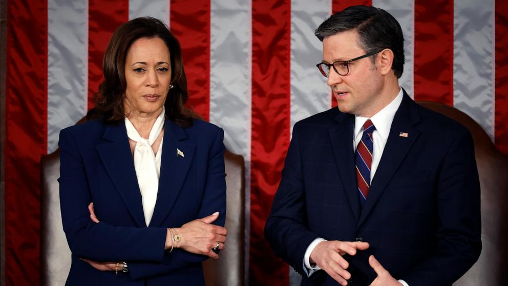 PHOTO: Vice President Kamala Harris and Speaker of the House Mike Johnson talk prior to an address by Japanese Prime Minister Fumio Kishida at the U.S. Capitol in Washington, D.C.,on April 11, 2024.