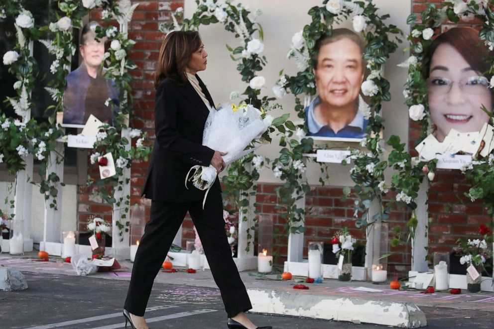 PHOTO: U.S. Vice President Kamala Harris walks outside the Star Ballroom Dance Studio after a mass shooting during Chinese Lunar New Year celebrations in Monterey Park, California, U.S. January 25, 2023.