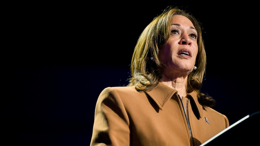 PHOTO: Democratic presidential nominee, Vice President Kamala Harris speaks during a campaign rally at the Wings Event Center in Kalamazoo, Mich., Oct. 26, 2024.