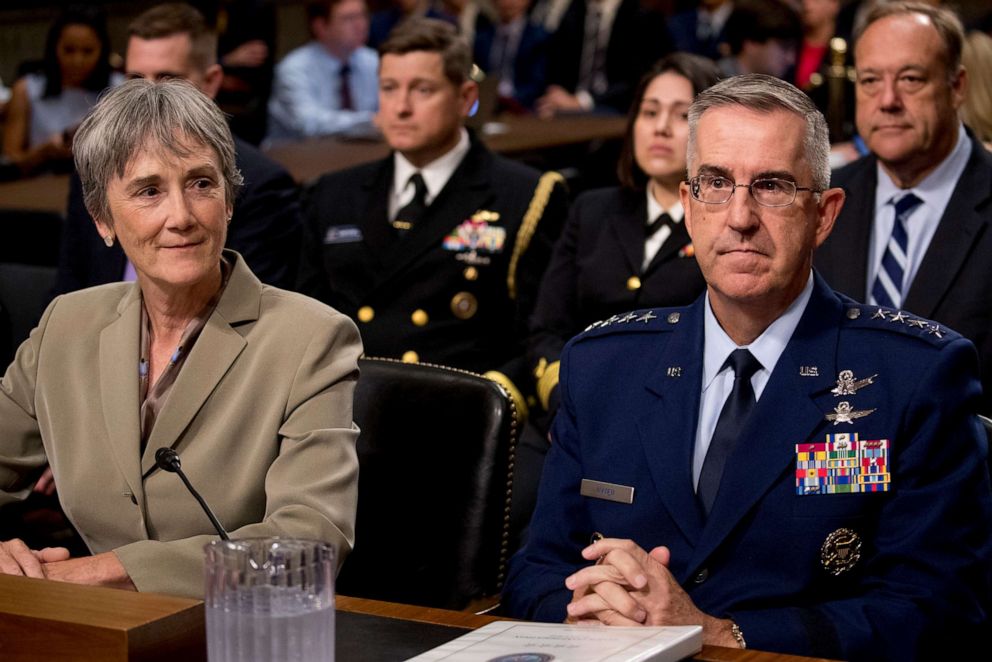 PHOTO: Former Secretary of the Air Force Heather Wilson, left, and Gen. John Hyten appear before a Senate Armed Services Committee on Capitol Hill in Washington, Tuesday, July 30, 2019.