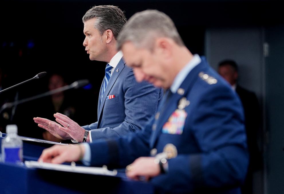 PHOTO: U.S. Secretary of Defense Pete Hegseth and Chairman of the Joint Chiefs of Staff General Dan Caine hold a briefing on the Iran war, at the Pentagon in Washington, D.C., U.S., April 16, 2026.