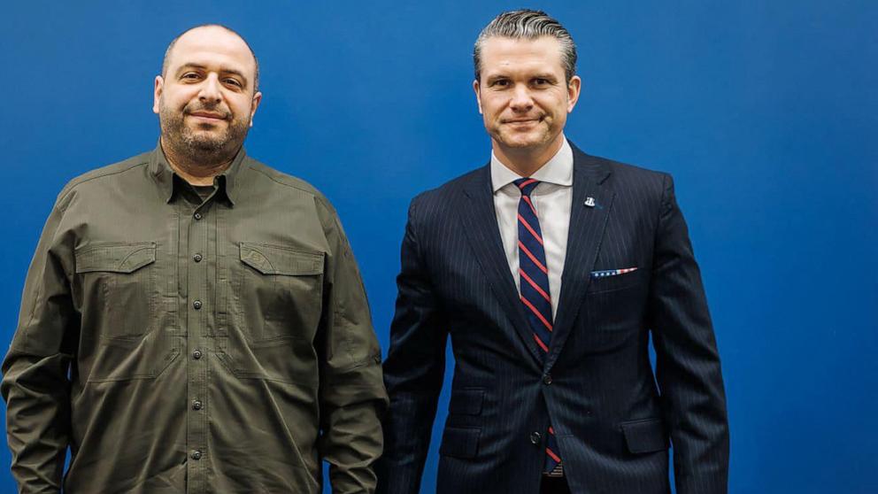 PHOTO: In this handout photograph taken and released by the Ministry of Defense of Ukraine on Feb. 12, 2025, Ukraine's Defense Minister Rustem Umerov (L) and US Defense Secretary Pete Hegseth (R) pose for a photo.