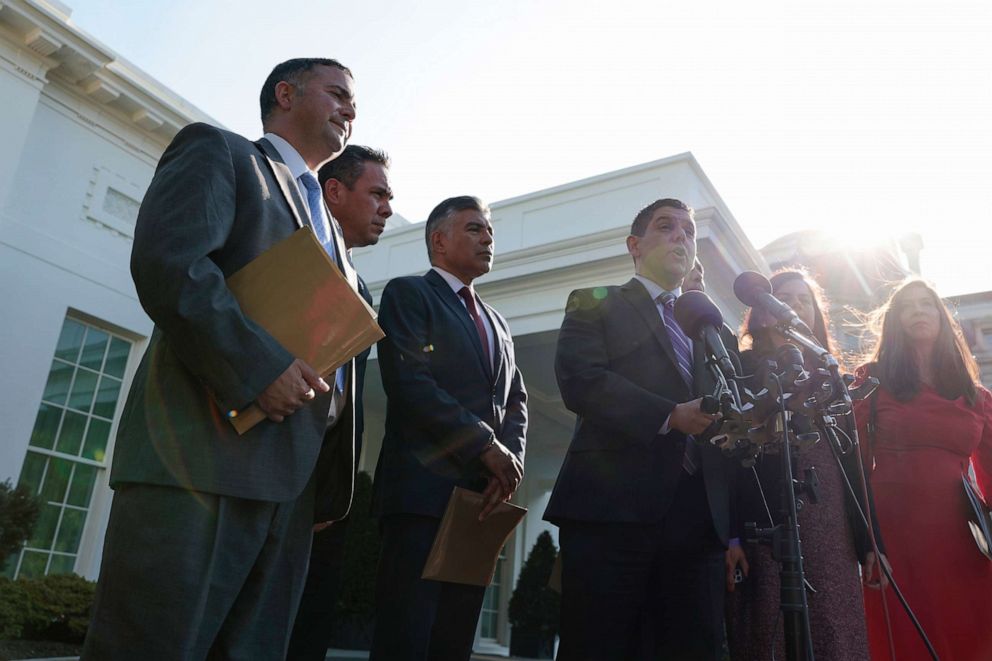 PHOTO: Rep. Raul Ruiz(C), the chairman of the Congressional Hispanic Caucus, speaks alongside other members outside of the West Wing after a meeting with President Joe Biden, April 25, 2022.