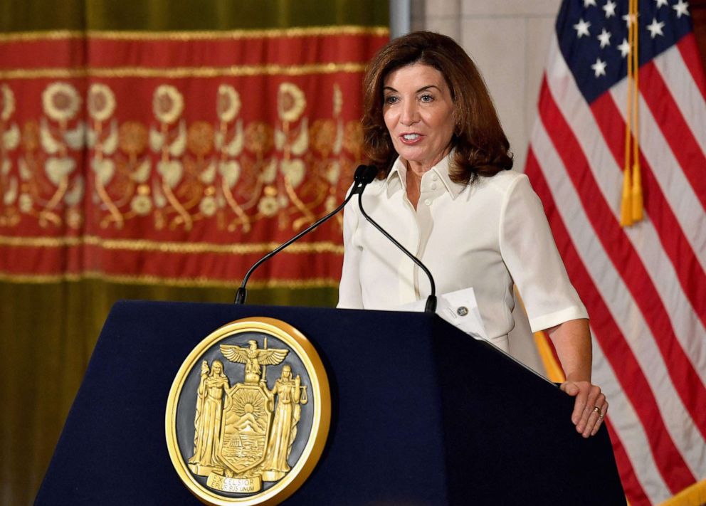 PHOTO: New York Governor Kathy Hochul speaks to the media during her swearing in ceremony at the New York State Capitol in Albany, N.Y., Aug. 24, 2021.