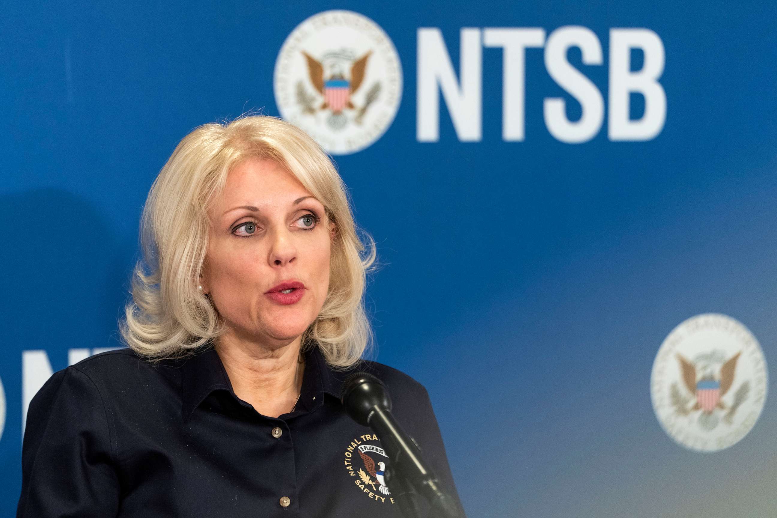 PHOTO: National Transportation Safety Board (NTSB) Chair Jennifer Homendy speaks, Feb. 23, 2023, in Washington, D.C., about the investigation into the Feb. 3 train derailment in East Palestine, Ohio.