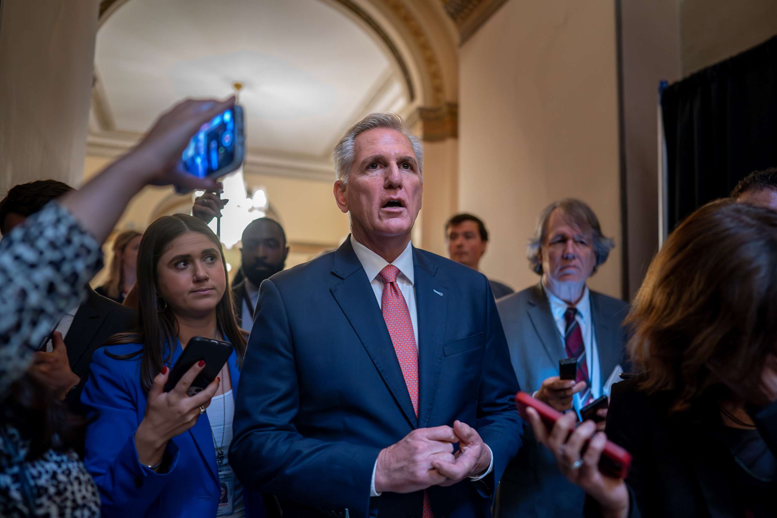 PHOTO: Speaker of the House Kevin McCarthy talks with reporters after votes in the House, at the Capitol in Washington, June 22, 2023.