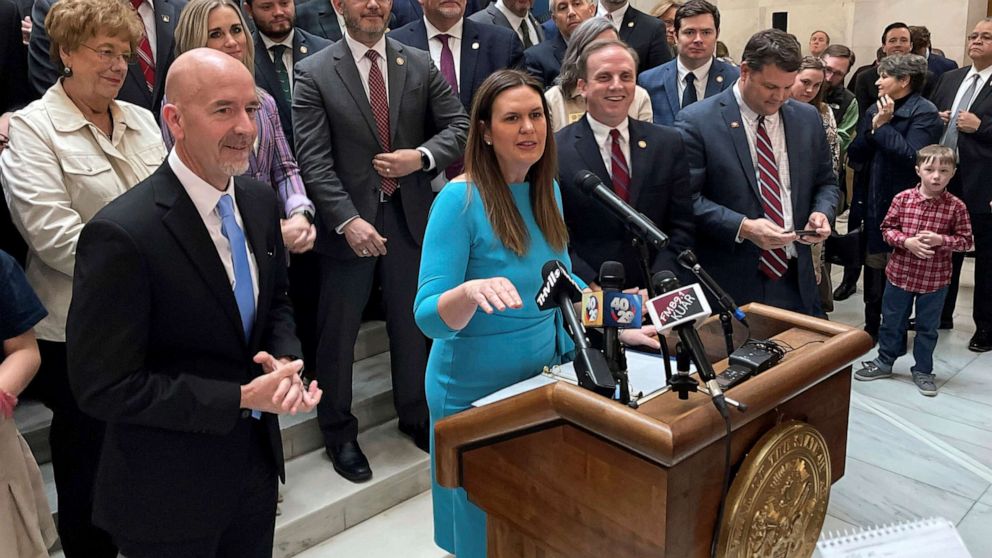 PHOTO: Arkansas Gov. Sarah Huckabee Sanders answers reporters' questions at a news conference at the state Capitol in Little Rock, Ark., Feb. 8, 2023, about an education reform bill she's proposing.