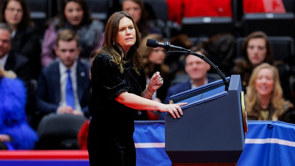 PHOTO: Arkansas Governor Sarah Huckabee Sanders speaks inside Capital One arena on the inauguration day of Donald Trump's second Presidential term, in Washington, D.C., Jan. 20, 2025. 