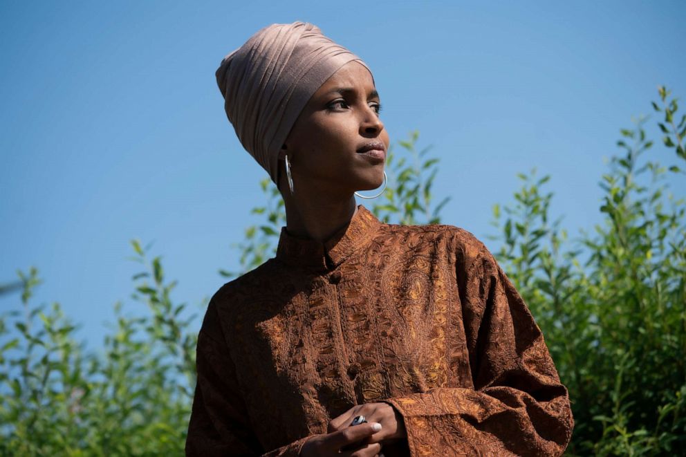 PHOTO: Rep. Ilhan Omar, D-Minn., speaks as she introduces the Zero Waste Act that creates a federal grant program to help local governments invest in waste reduction initiatives, at the Capitol, July 25, 2019. 