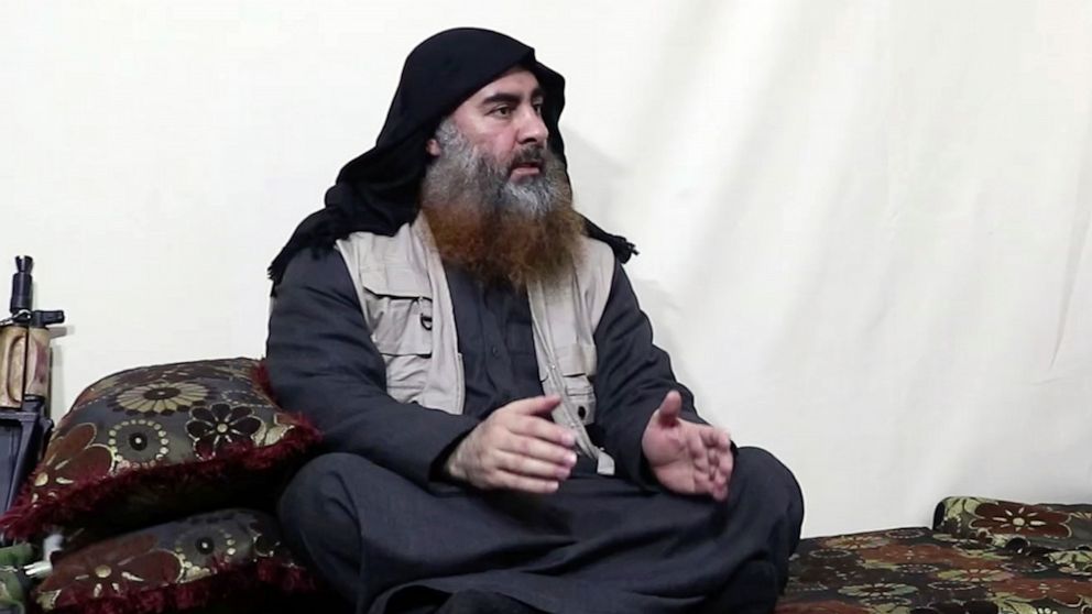 PHOTO: This image made from video posted on a militant website , April 29, 2019, purports to show the leader of the Islamic State group, Abu Bakr al-Baghdadi, being interviewed by his group's Al-Furqan media outlet. 