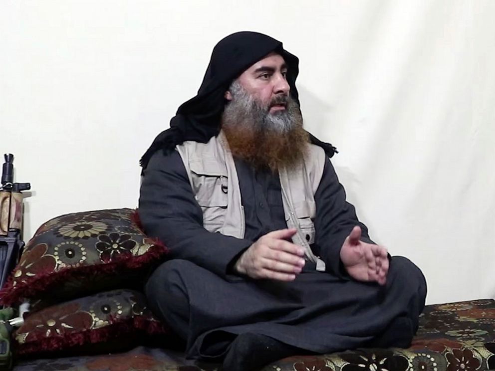 PHOTO: This image made from video posted on a militant website , April 29, 2019, purports to show the leader of the Islamic State group, Abu Bakr al-Baghdadi, being interviewed by his groups Al-Furqan media outlet. 