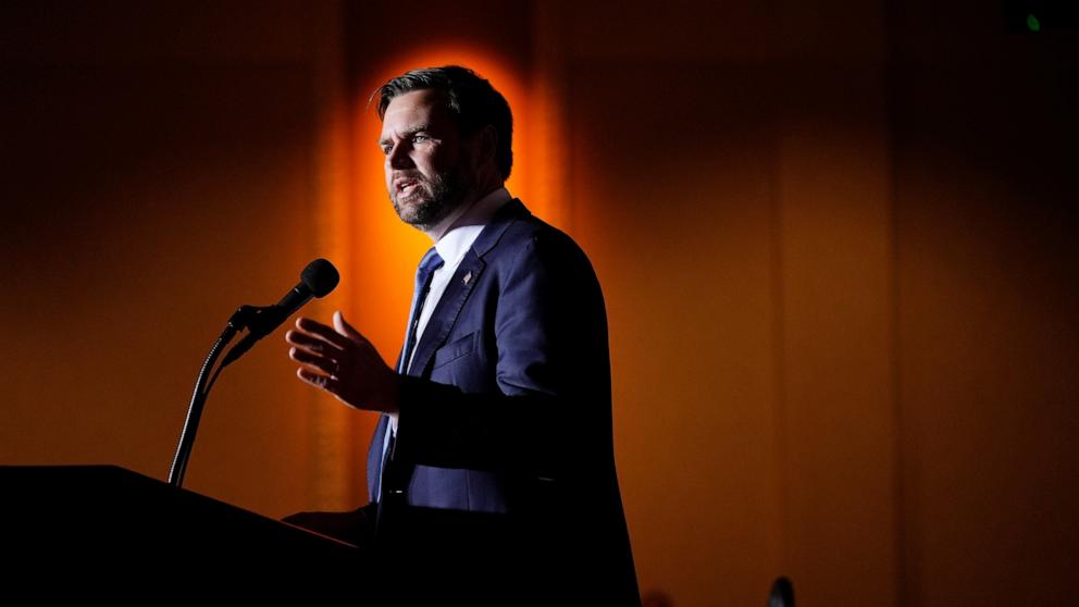 PHOTO: Republican vice presidential nominee Sen. J.D. Vance speaks at a campaign rally in Las Vegas, Nev., Oct. 23, 2024.