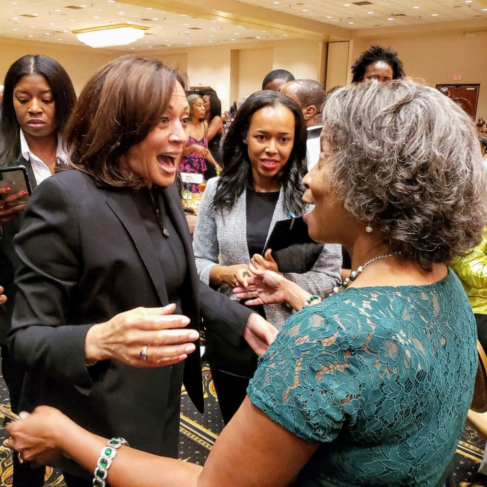 PHOTO: Howard alum Janine Rouson meets Sen. Kamala Harris at an event in Raleigh, North Carolina in August 2019.