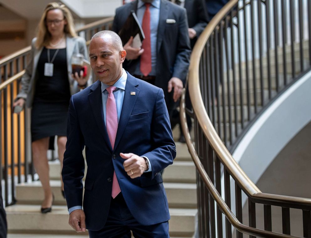 PHOTO: House Minority Leader Hakeem Jeffries arrives to lead the House Democratic Caucus before today's vote on the debt limit deal at the Capitol in Washington, May 31, 2023.