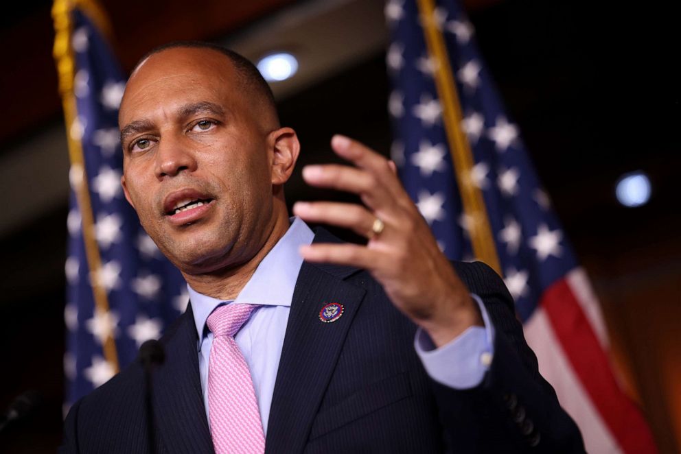PHOTO: Democratic Caucus Chairman Hakeem Jeffries speaks at a news conference following a caucus meeting at the Capitol, Sept. 21, 2021.