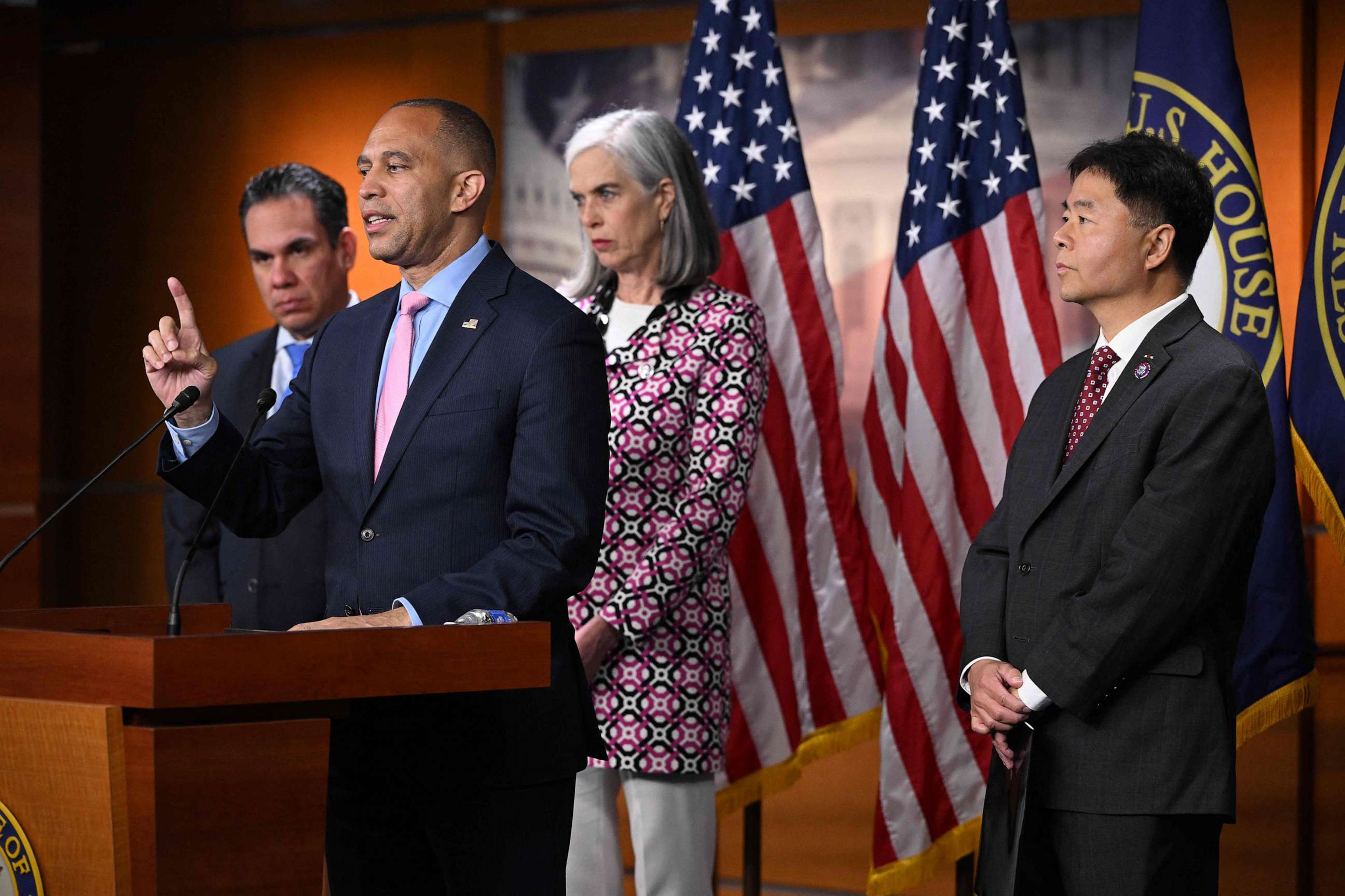 PHOTO: Hakeem Jeffries, with Katherine Clark (2nd R), Democratic Caucus Chairman Pete Aguilar (L) and Vice Chairman Ted Lieu (R), speaks following a meeting in the US Capitol in Washington, D.C., on May 31, 2023.