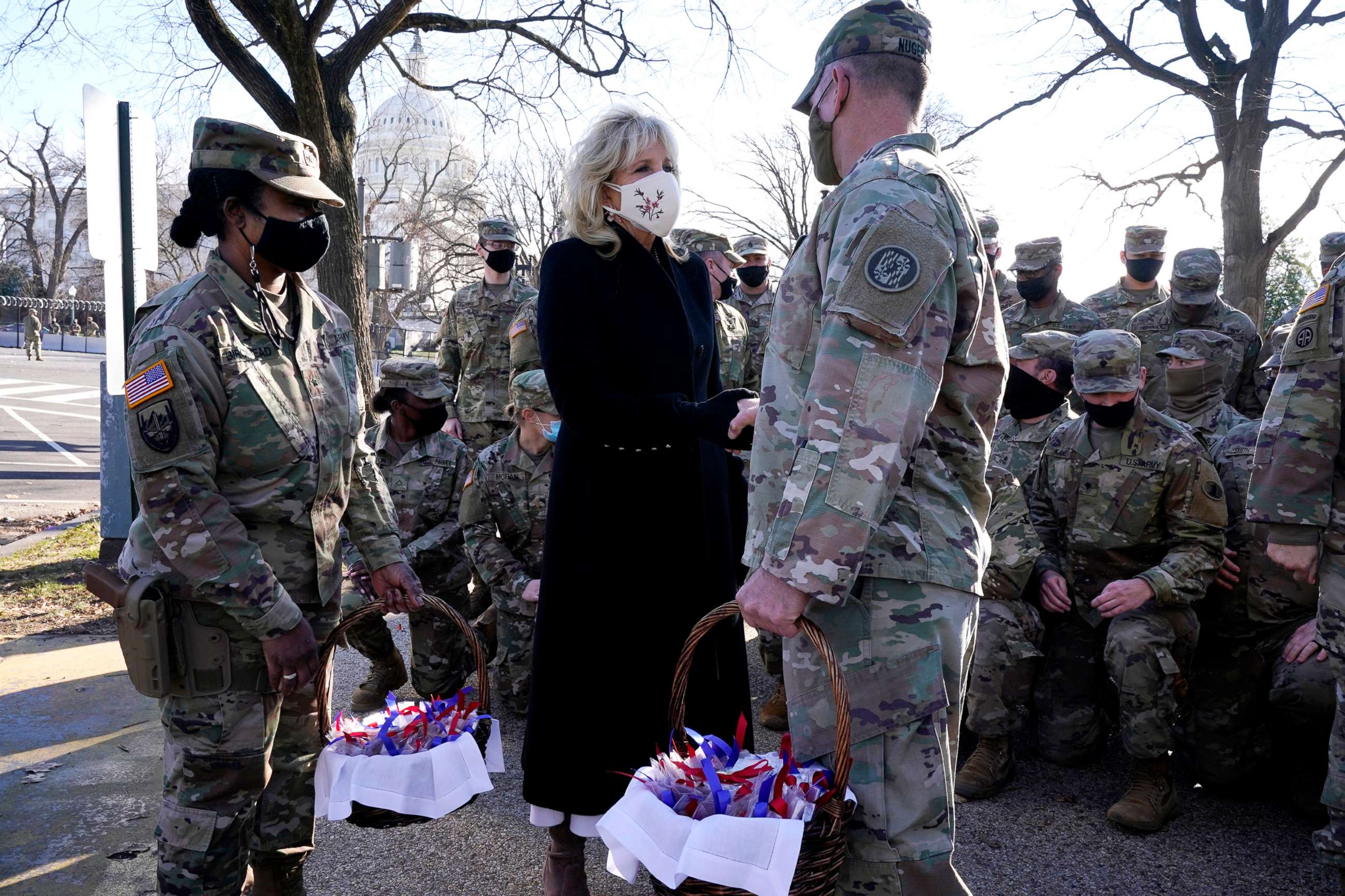 PHOTO: First lady Jill Biden surprises National Guard members outside the Capitol with chocolate chip cookies, Jan. 22, 2021
