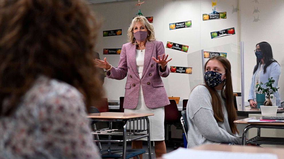 PHOTO: Jill Biden speaks with students as she tours Fort LeBoeuf Middle School in Waterford, Pa., March 3, 2021.