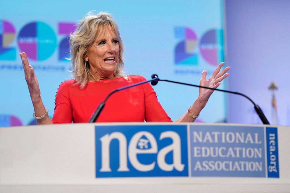 PHOTO: First lady Jill Biden speaks at the National Education Association's annual meeting at the Walter E. Washington Convention Center in Washington, D.C., July 2, 2021. 