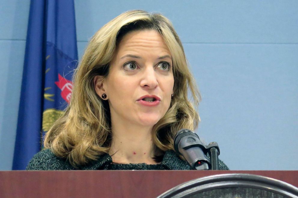 PHOTO: Michigan Secretary of State Jocelyn Benson speaks at a news conference in Lansing, Mich., March 5, 2020. 