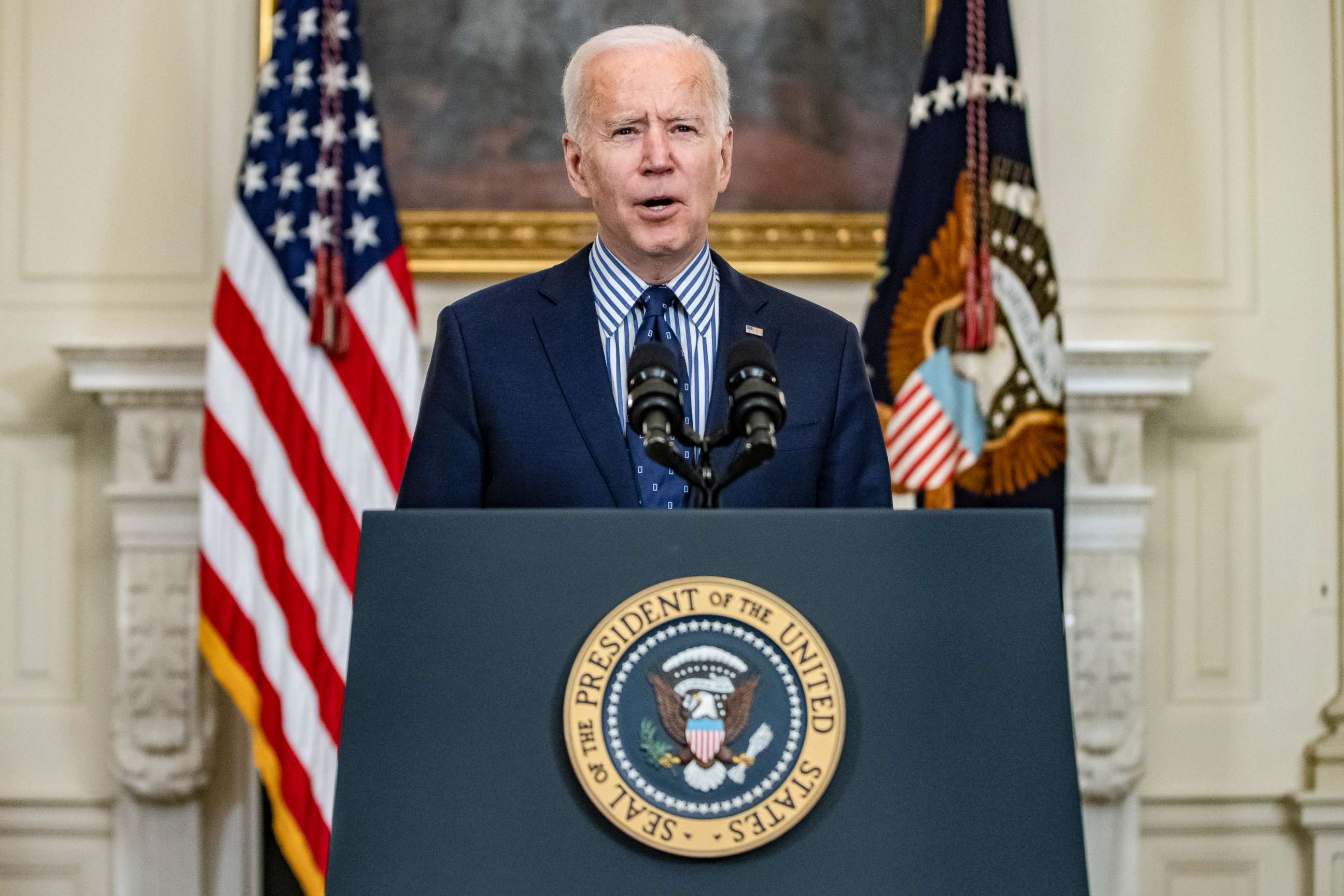 PHOTO: President Joe Biden speaks from the State Dining Room following the passage of the American Rescue Plan in the U.S. Senate at the White House on March 6, 2021 in Washington, D.C. 
