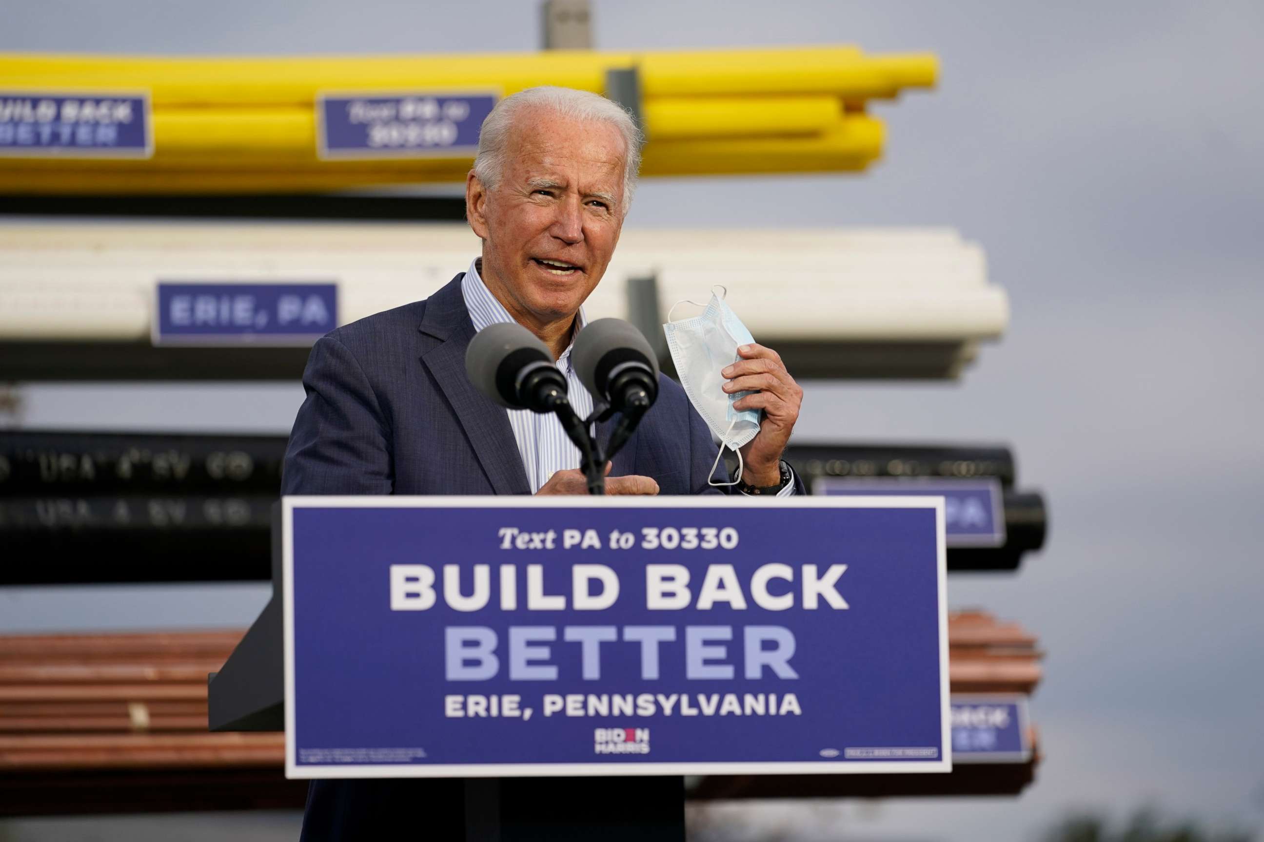 PHOTO: Democratic presidential candidate former Vice President Joe Biden speaks at the Plumbers Local Union No. 27 training center, Oct. 10, 2020, in Erie, Pa.