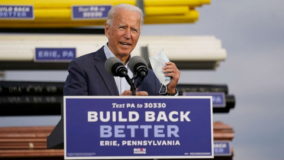 PHOTO: Democratic presidential candidate former Vice President Joe Biden speaks at the Plumbers Local Union No. 27 training center, Oct. 10, 2020, in Erie, Pa.