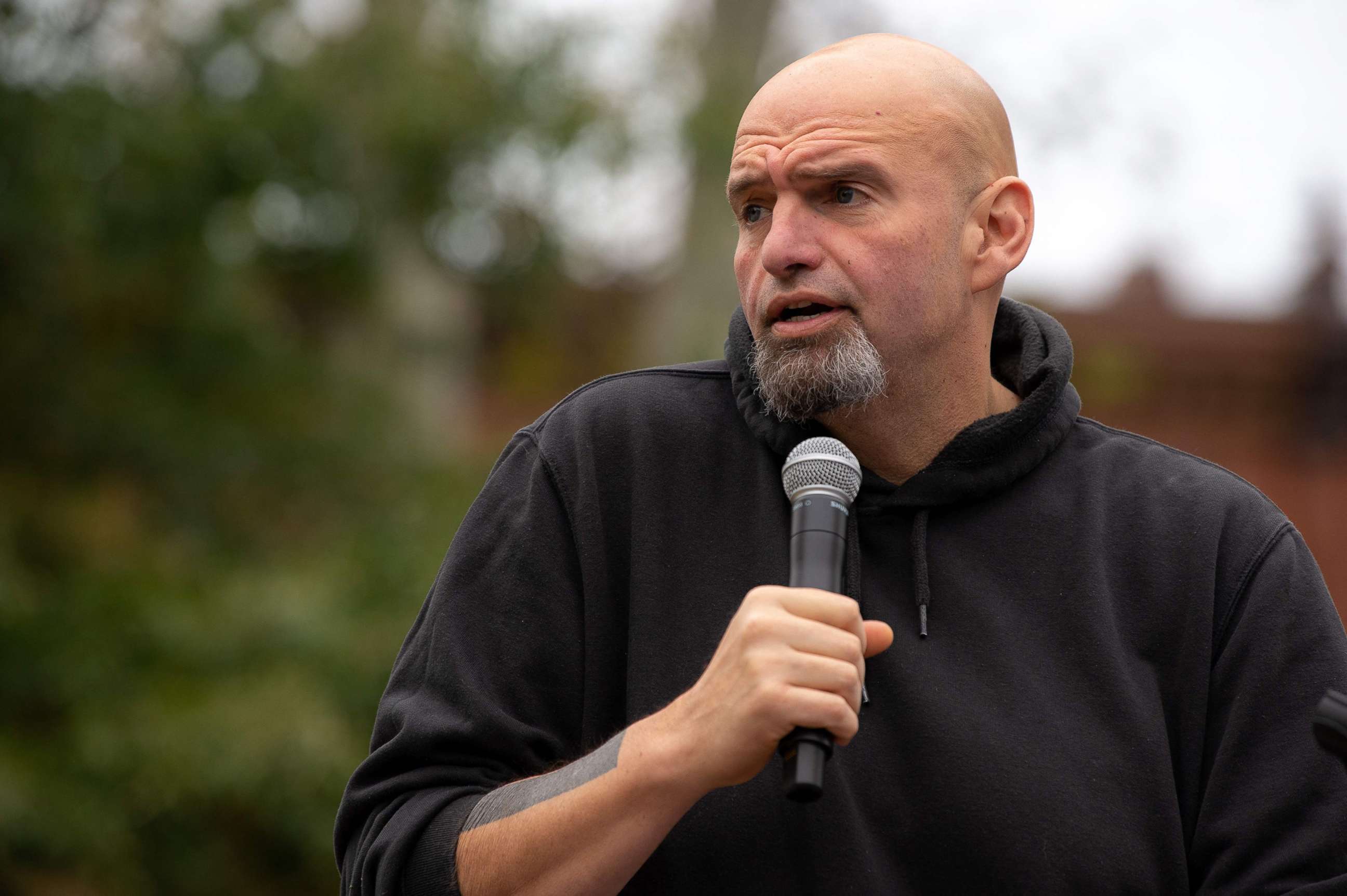 PHOTO: Pennsylvania's Lieutenant Governor John Fetterman speaks to supporters gathered in Dickinson Square Park, during a campaign event, Oct. 23, 2022, in Philadelphia.