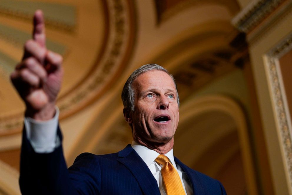 PHOTO: FILE - Sen. John Thune, R-S.D., speaks during a news conference on Capitol Hill in Washington, Tuesday, Dec. 7, 2021. Thune is seeking reelection to a fourth term in 2022.