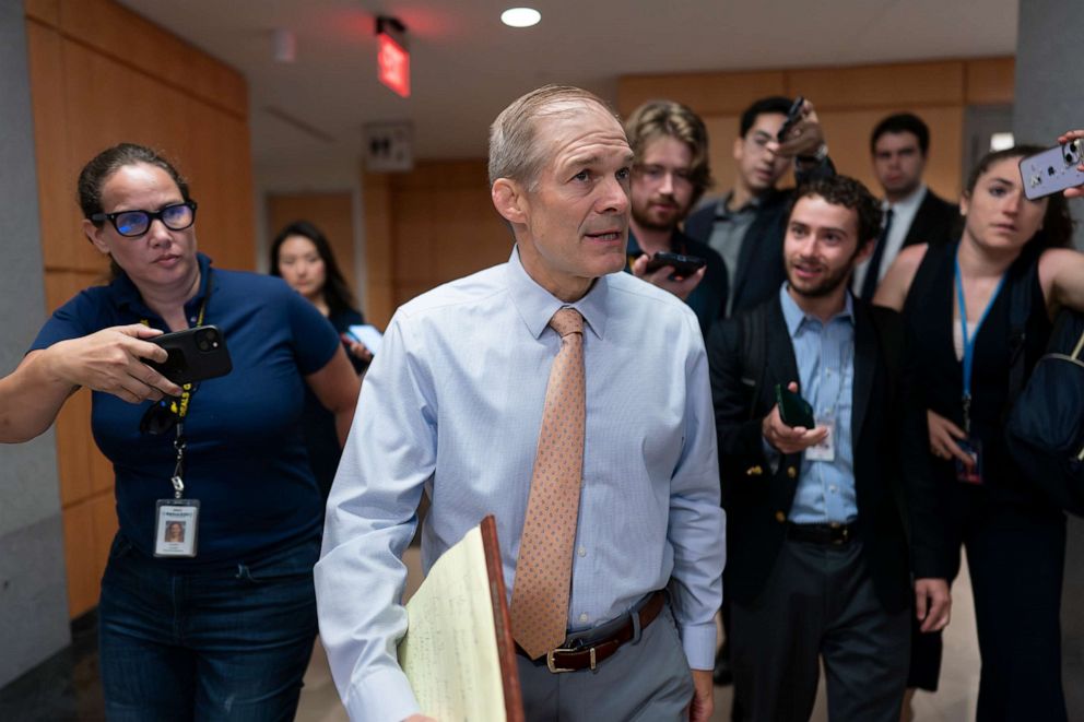 PHOTO: House Judiciary Committee Chair Jim Jordan arrives to hear from Devon Archer, Hunter Biden's former business partner, as he gives closed-door testimony to the House Oversight Committee in Washington, July 31, 2023.