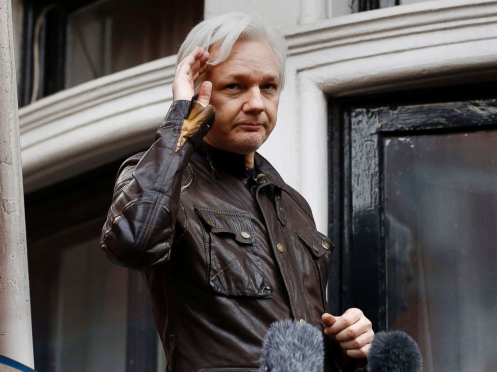 PHOTO: WikiLeaks founder Julian Assange greets supporters from a balcony of the Ecuadorian embassy in London, May 19, 2017.