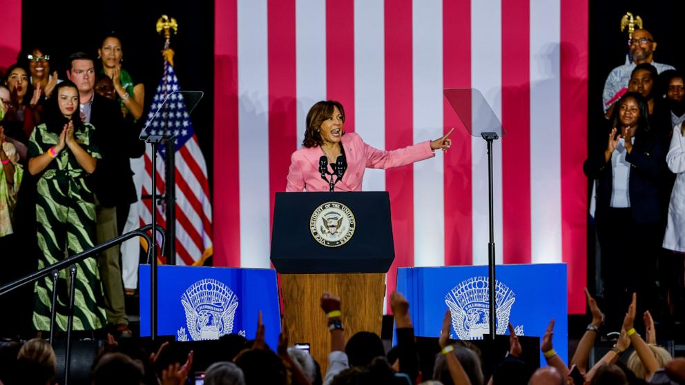 PHOTO: Vice President Kamala Harris speaks on the anniversary of the Supreme Court decision in Dobbs v. Jackson Women's Health Organization at the Grady Cole Center in Charlotte, NC, June 24, 2023.