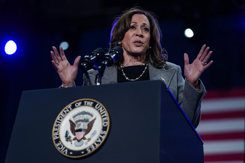 PHOTO: Democratic presidential nominee, Vice President Kamala Harris, speaks at a campaign rally encouraging early voting in Atlanta, Ga., Oct. 19, 2024.