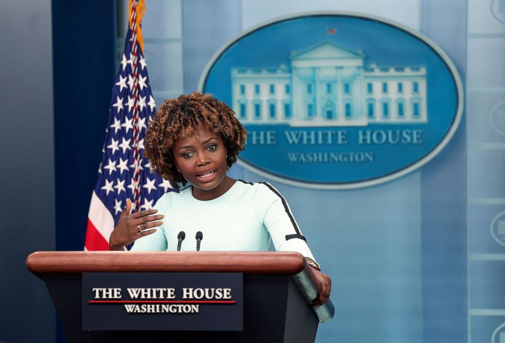 PHOTO: White House Press Secretary Karine Jean-Pierre speaks during a press briefing at the White House, Jan. 13, 2023 in Washington, DC.