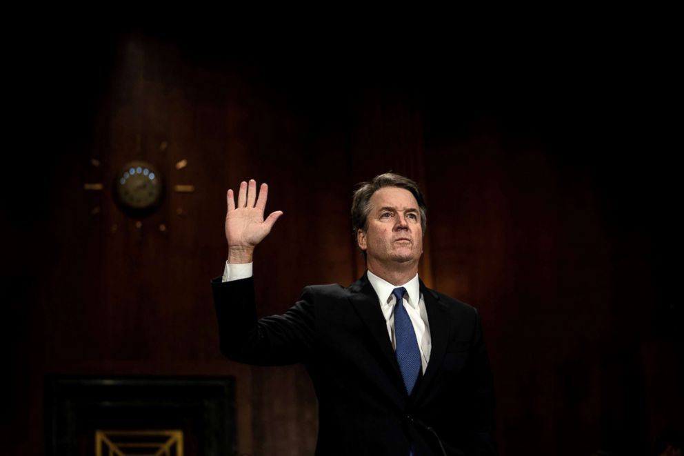 PHOTO: Judge Brett Kavanaugh swears in as he testifies in front of the Senate Judiciary committee regarding sexual assault allegations on Capitol Hill, Sept. 27, 2018.