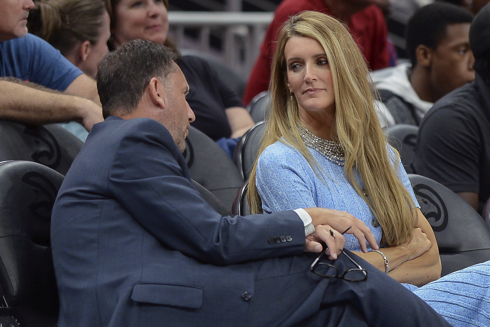 PHOTO: Kelly Loeffler, right, talks with Atlanta Dream General Manager Chris Sienko, left, during the WNBA game between the Las Vegas Aces and the Atlanta Dream on Sept. 5th, 2019, in Atlanta, Ga.